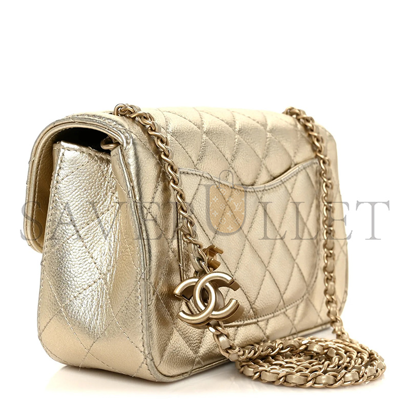 CHANEL MASTER METALLIC CAVIAR QUILTED MINI RECTANGULAR CC SLIDE FLAP LIGHT GOLD AS5759 (20*13*7cm)